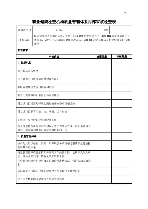职业健康检查机构质量管理方案计划体系内部审核检查表
