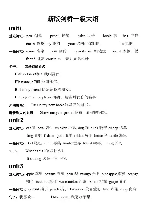 剑桥一级各单元词汇及句子总结