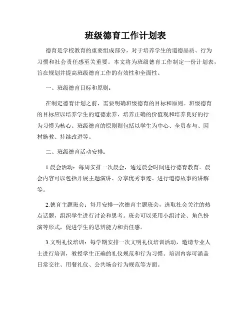 班级德育工作计划表