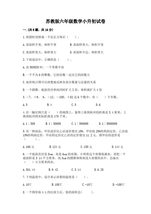 苏教版六年级数学小升初试卷及参考答案【精练】
