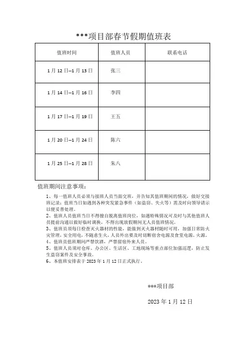 工地项目部值班表