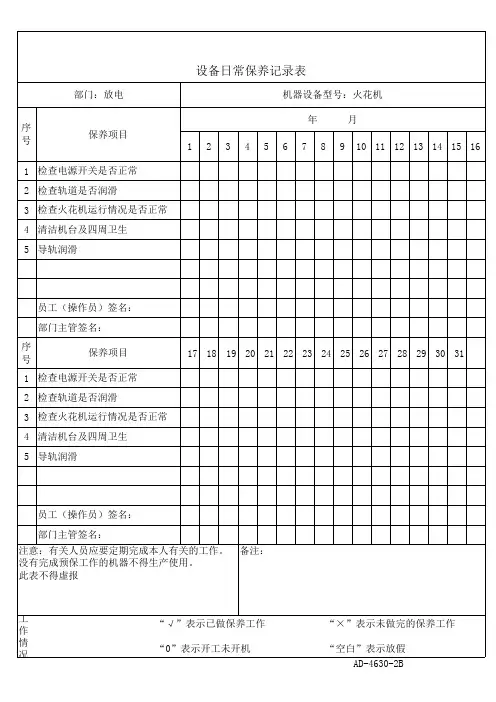 火花机设备日常保养记录表样板