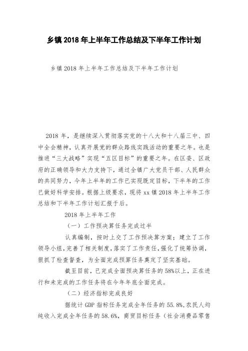 乡镇2018年上半年工作总结及下半年工作计划