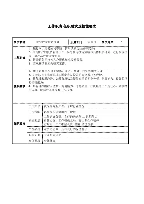 固定收益投资经理工作职责和岗位要求模板