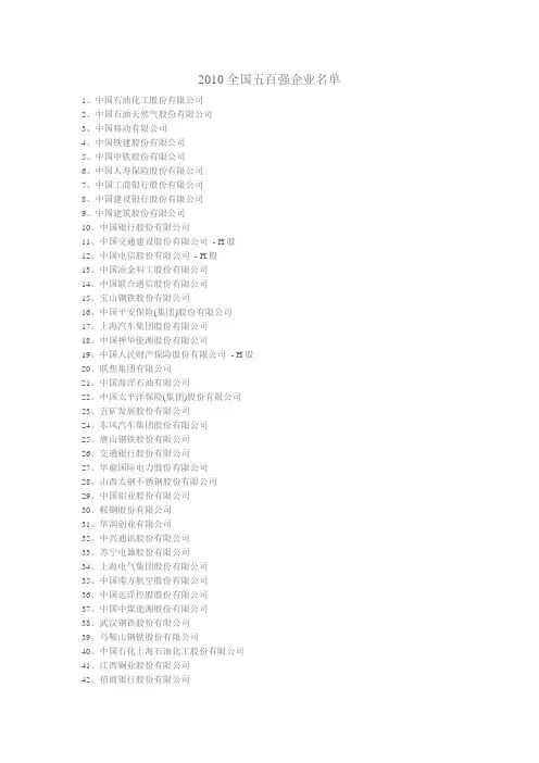 2010中国五百强企业名单(最新)