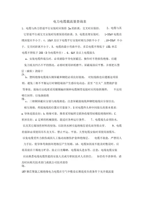 电力电缆载流量查询表