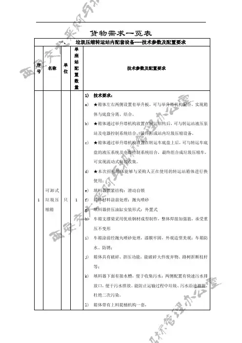 货物需求一览表垃圾压缩转运站内配套设备---技术参数及配置