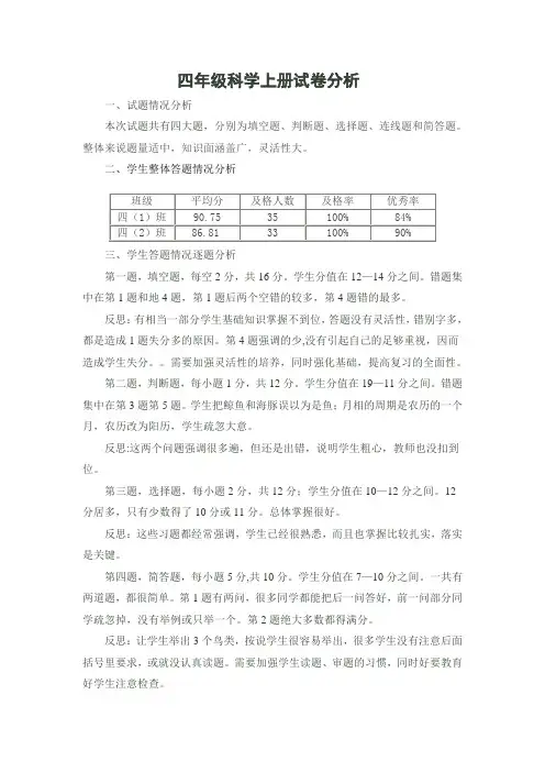 四年级科学试卷分析
