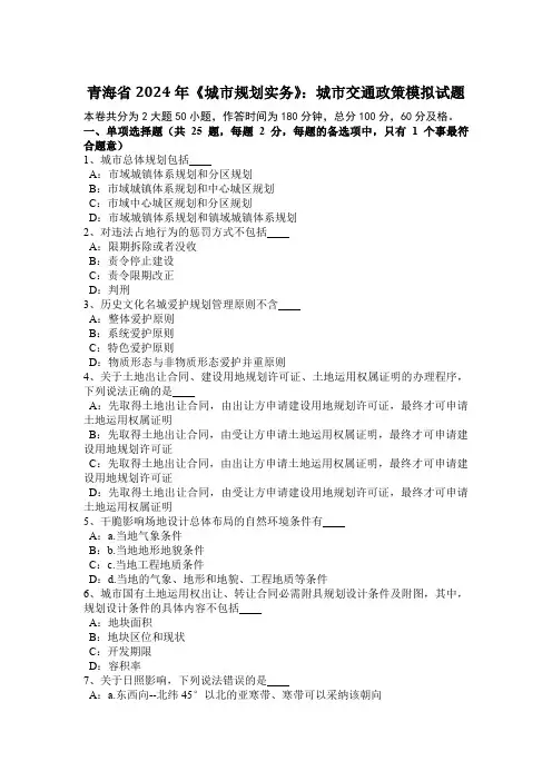 青海省2024年《城市规划实务》：城市交通政策模拟试题