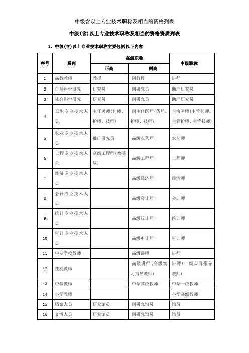 中级含以上专业技术职称及相当的资格列表