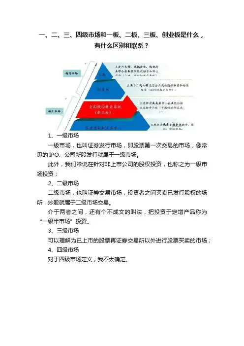 一、二、三、四级市场和一板、二板、三板、创业板是什么，有什么区别和联系？