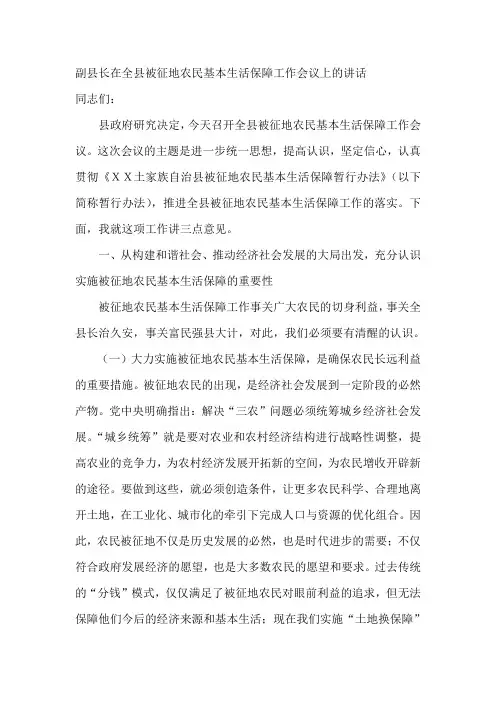 副县长在全县被征地农民基本生活保障工作会议上的讲话-会议发言