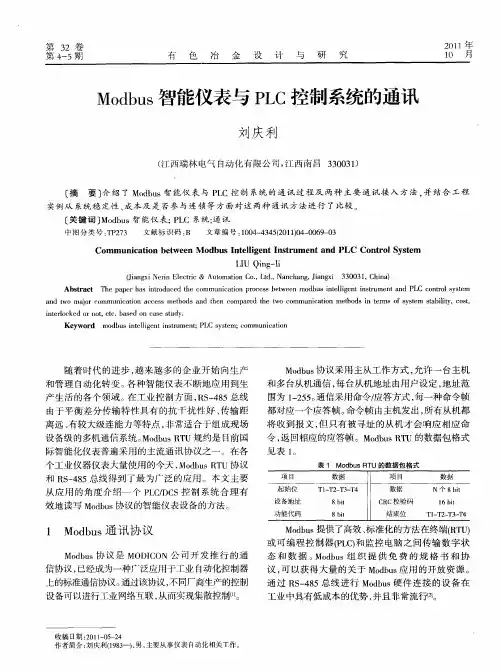 Modbus智能仪表与PLC控制系统的通讯