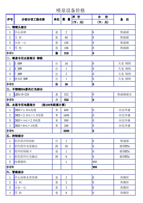 喷泉设备清单