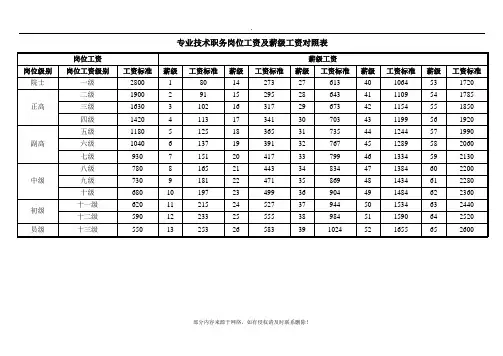 各类岗位工资及薪级工资对照表精选