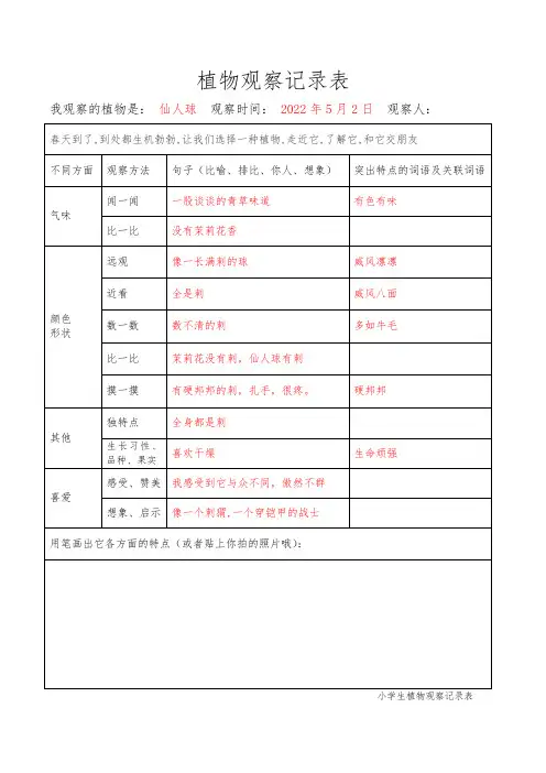小学生植物观察记录表