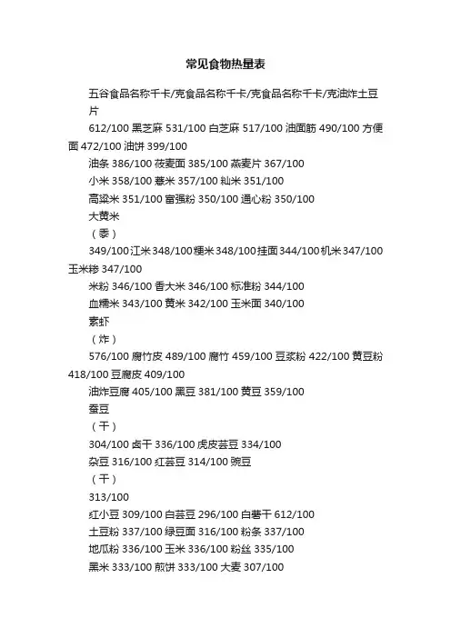 常见食物热量表