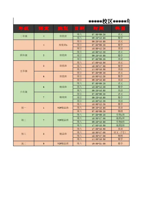 课外补习机构常用课表