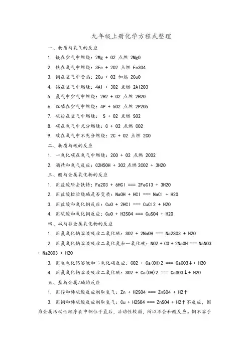 九年级上册化学方程式整理