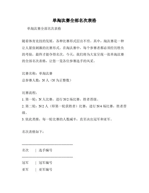 单淘汰赛全部名次表格