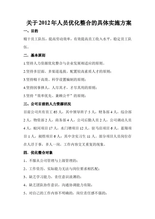 关于2012年年度优化整合的实施方案
