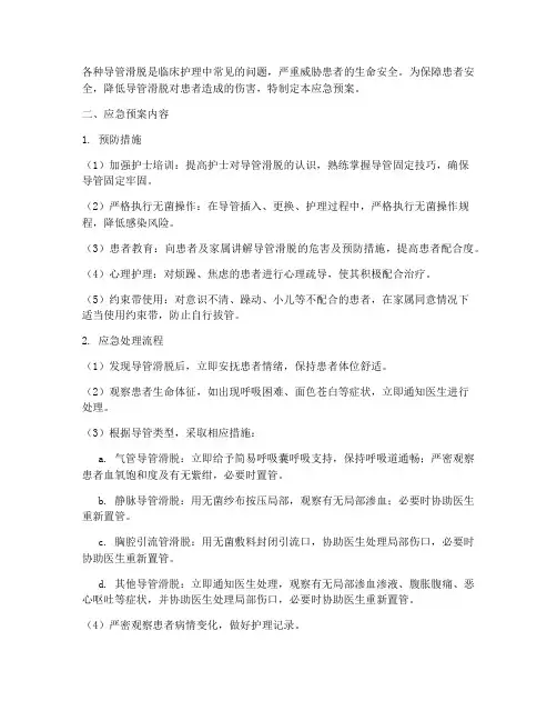 各种导管滑脱应急预案
