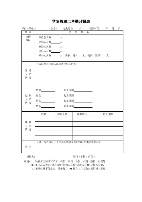 学院教职工考勤月报表