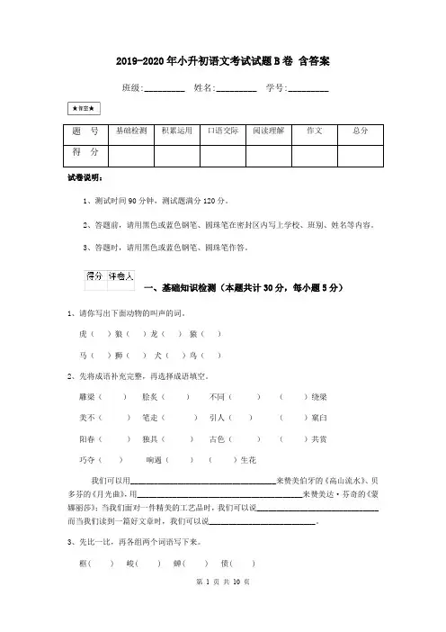 2019-2020年小升初语文考试试题B卷 含答案