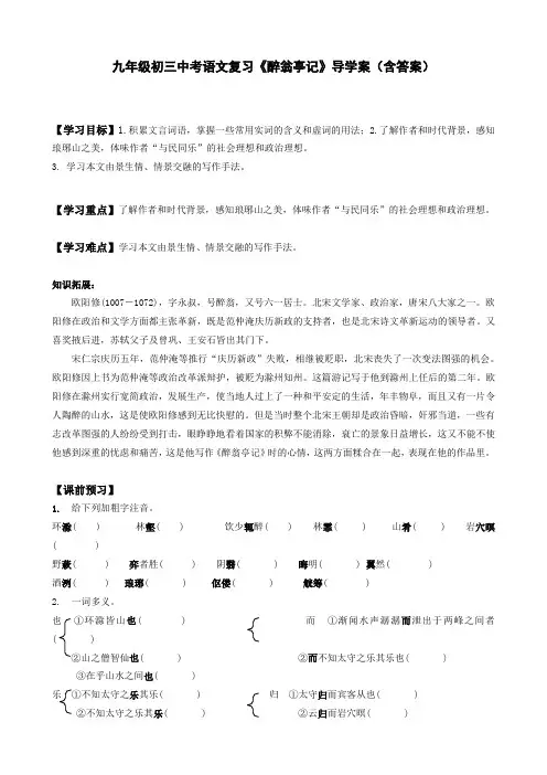 九年级初三中考语文复习《醉翁亭记》导学案(含答案)