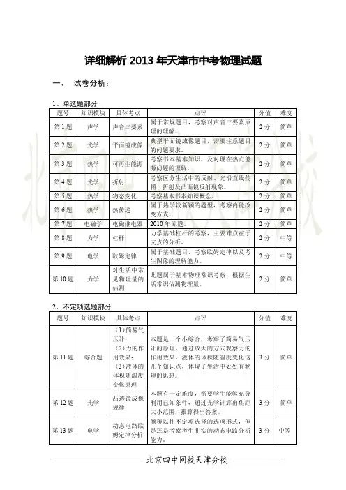 2013年天津中考物理试卷分析