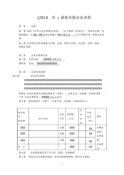 2018年---最新公司章程---范本