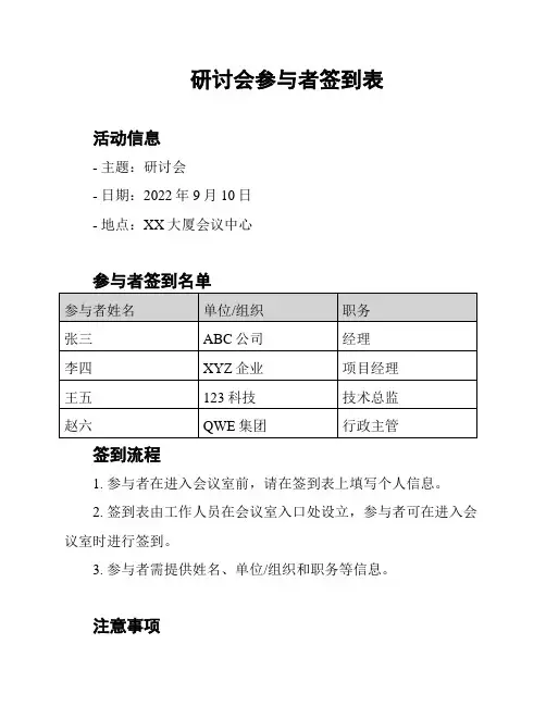 研讨会参与者签到表