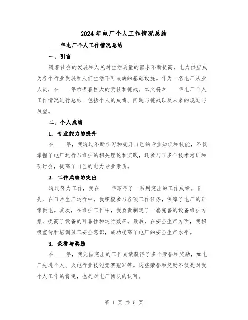 2024年电厂个人工作情况总结(2篇)