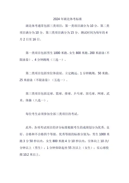 2024年湖北体考标准