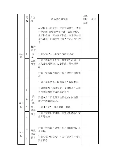德育每周主题活动安排表