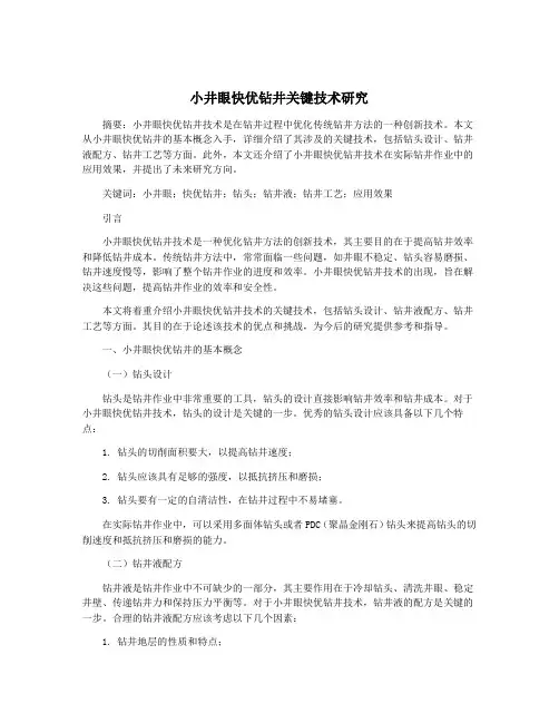小井眼快优钻井关键技术研究