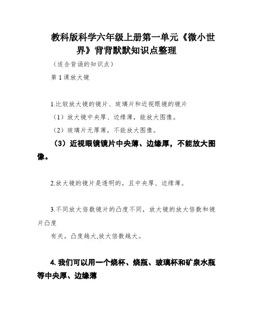 教科版科学六年级上册第一单元《微小世界》背背默默知识点整理