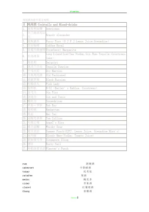 鸡尾酒名称中英文对照