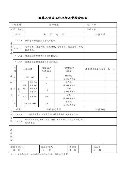 路缘石铺设工程现场质量检验报告