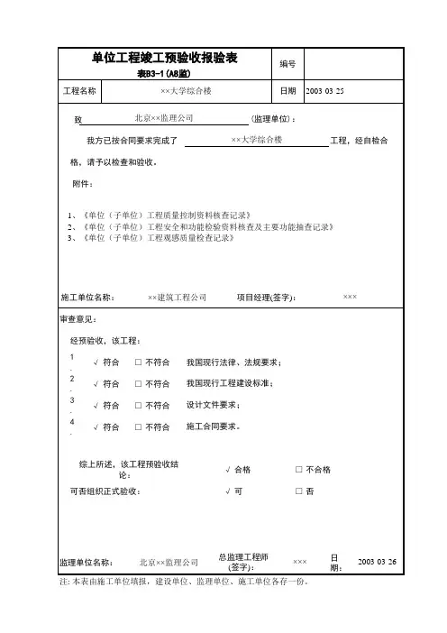 单位工程竣工预验收报验表范本