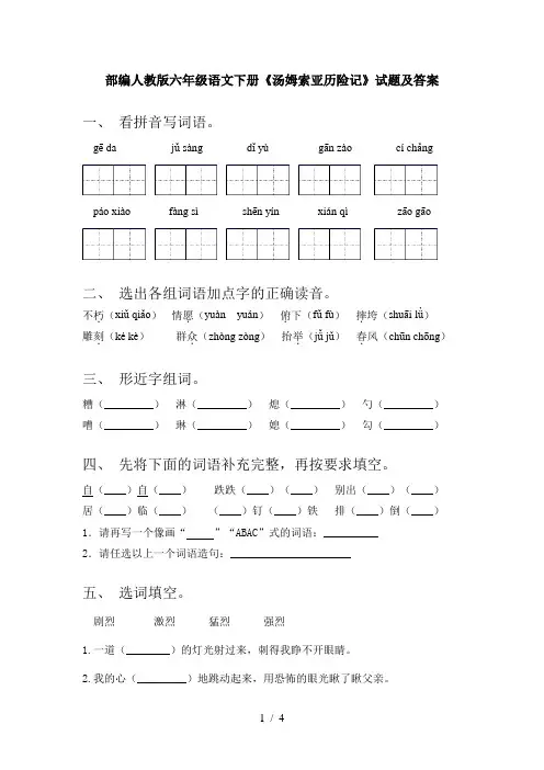 部编人教版六年级语文下册《汤姆索亚历险记》试题及答案