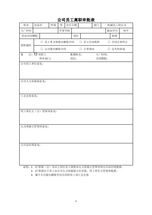 公司员工离职审批表