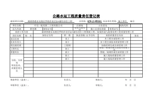 公路水运工程质量责任登记表(施工单位)