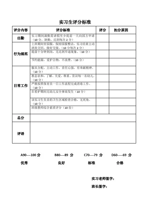 幼儿园实习老师评分表