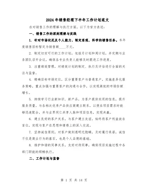 2024年销售经理下半年工作计划范文（七篇）