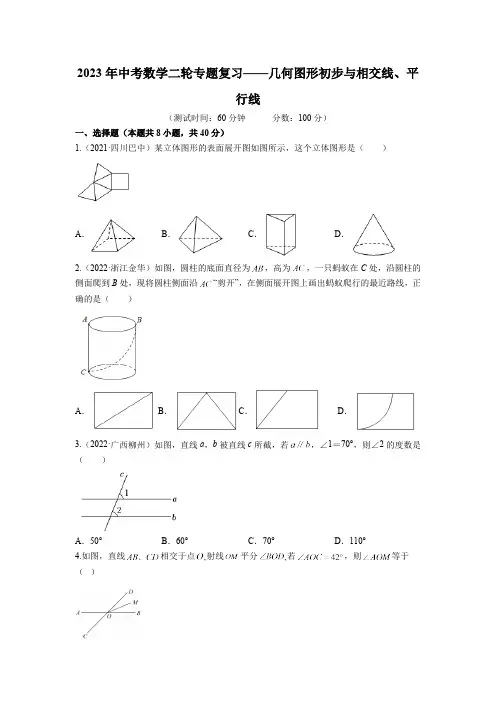 2023年中考数学二轮专题复习训练——几何图形初步与相交线、平行线(含答案)