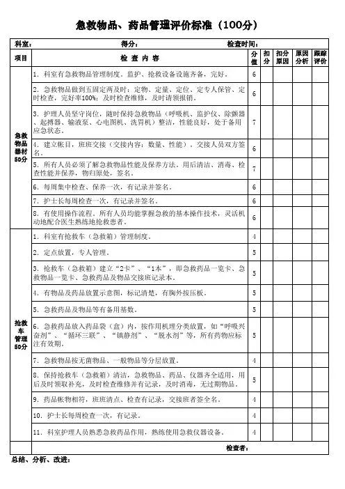 急救物品、药品管理评价标准