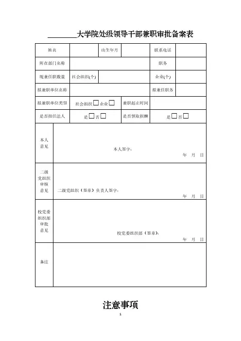 大学院处级领导干部兼职审批备案表