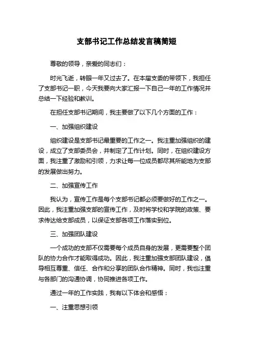 支部书记工作总结发言稿简短