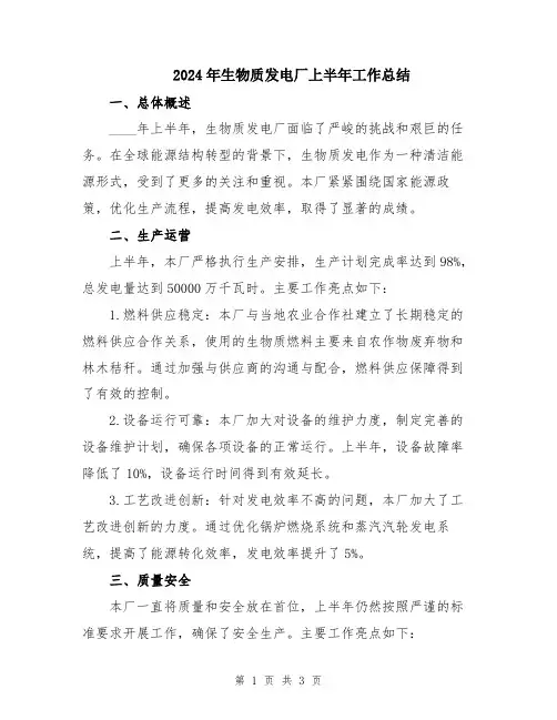 2024年生物质发电厂上半年工作总结